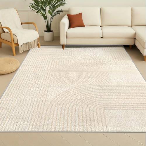 luxury velvet material anti slip plastic backing durable modern minimalist area rugs contemporary geometric lines beige abstract pattern rectangle for bedroom dining room hallway indoor decor high quality machine washable large and small sizes