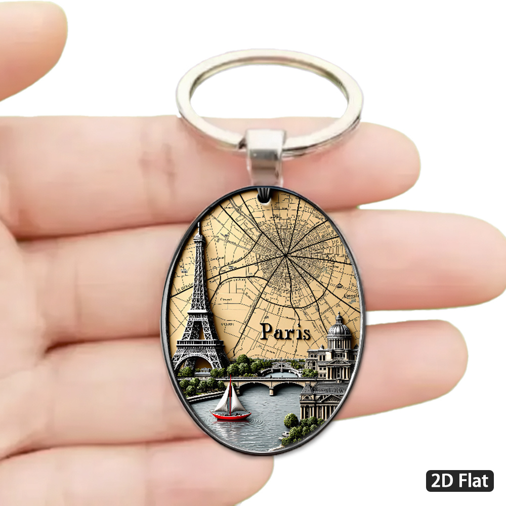 TEMU 2D Plat - 1pc 2D Plat, Porte-clés sur le thème de de style rétro, Pendentif argenté , Sculpture tridimensionnelle de Eiffel, Architecture et