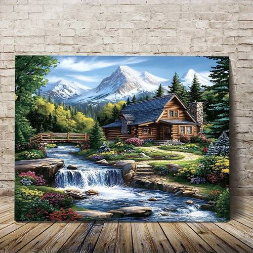 2d flat 2d flat a frameless canvas art piece depicting a vibrant mountain landscape featuring a waterfall wooden christmas valentines day thanksgiving and new year suitable for bedrooms offices
