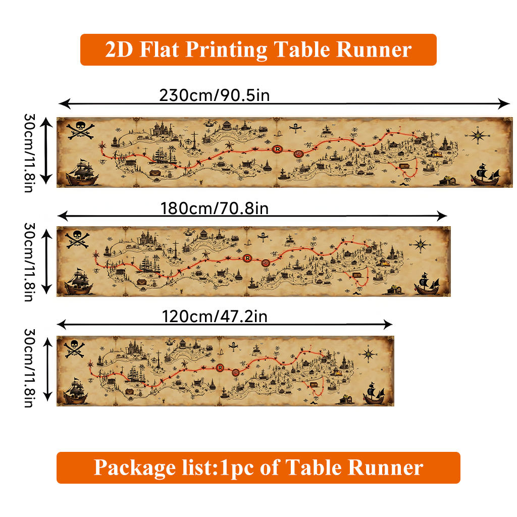 TEMU Tischläufer mit 2D-Flachdruck, ., Polyester-Tischläufer mit antiker Karte Piraten-Thema, rechteckig, für Esstisch, Deko für Hauspartys, Deko für