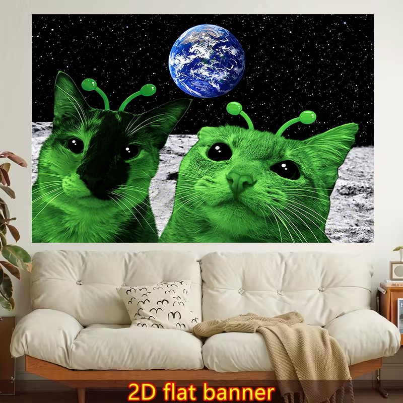 TEMU 2d Flat - 2d Flat - 1pc Stylish 2d Flat Printed Wall Tapestry | Green Cats, Moon Surface, , Colorful Aesthetics, Suitable For Living Room,