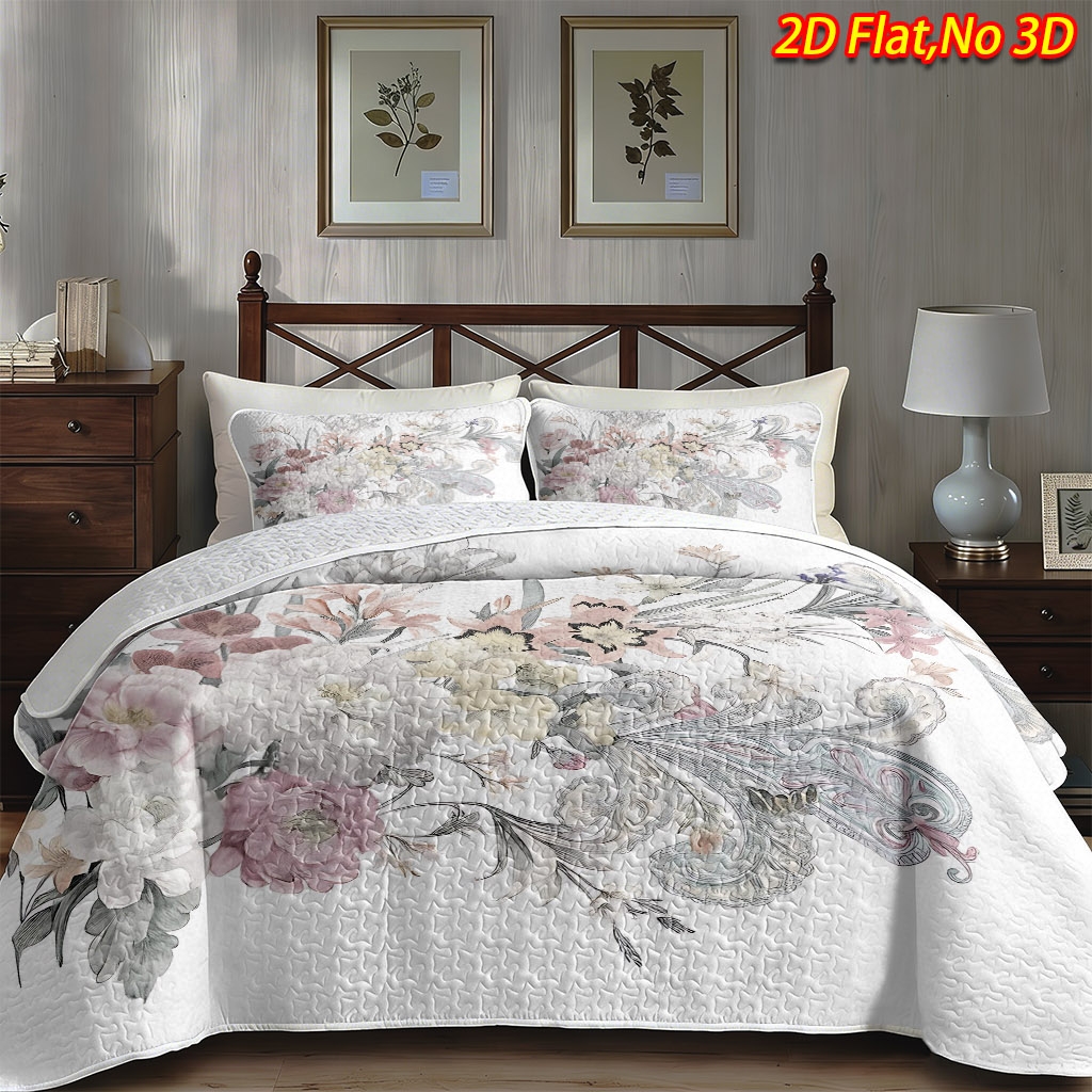 TEMU 2/3pcs 2d Flat Floral Pattern Bedspread Set, Multiple Sizes Available Bedding Comforter Bedspread Combination - 1/2pcs Pillowcases + 1pc
