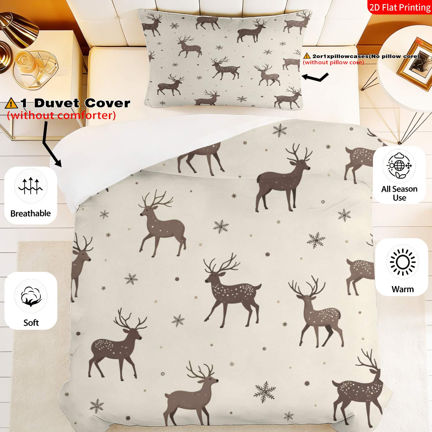TEMU 2/3pcs 2d Flat Printing Nordic Style Christmas Theme Quilt Cover Bedding Beige With Brown Deer Snowflake Print Pattern Suitable For Occasions (1