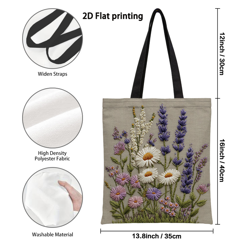 TEMU Borsa per riutilizzabile con stampa su 1 piatta 2D, 1 pezzo, design con bouquet di lavanda e , grande capacit�, tessuto resistente con manici
