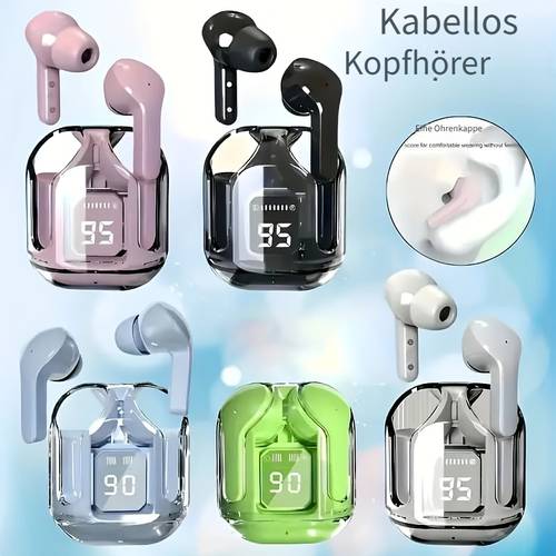 transparente kabellose ohrhörer mit 5.3 wireless-technologie, enc-rauschunterdrückung, hifi-dual-stereo-mikrofon, in-ear-kopfhörer mit ladefunktion led-digitaldisplay, sport-kopfhörer