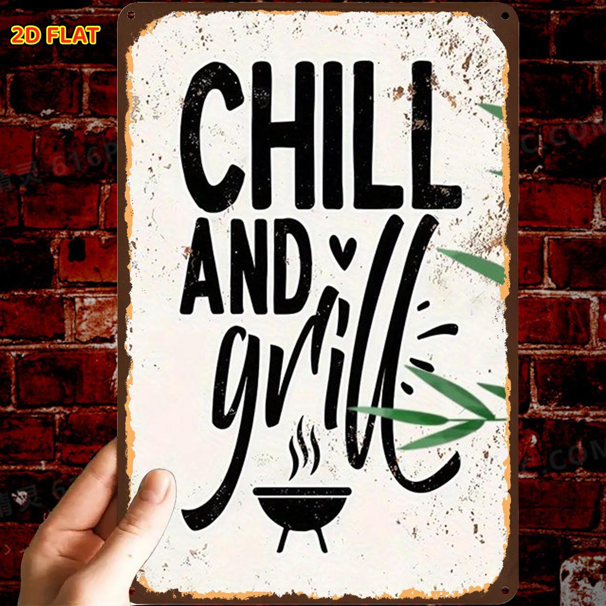 TEMU 2d Flat, 2d Flat,1pc,retrochill And Grill Signmetal Iron Sign, Pre-drilled Holes, Suitable For Indoor, Garden,outdoor, Home, Office, Toilet