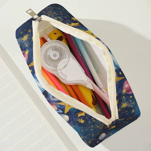 1pc starry sky planet pattern 2d printed pencil case large capacity stationery pouch lightweight quilted fabric portable size versatile for daily school exams drawing your