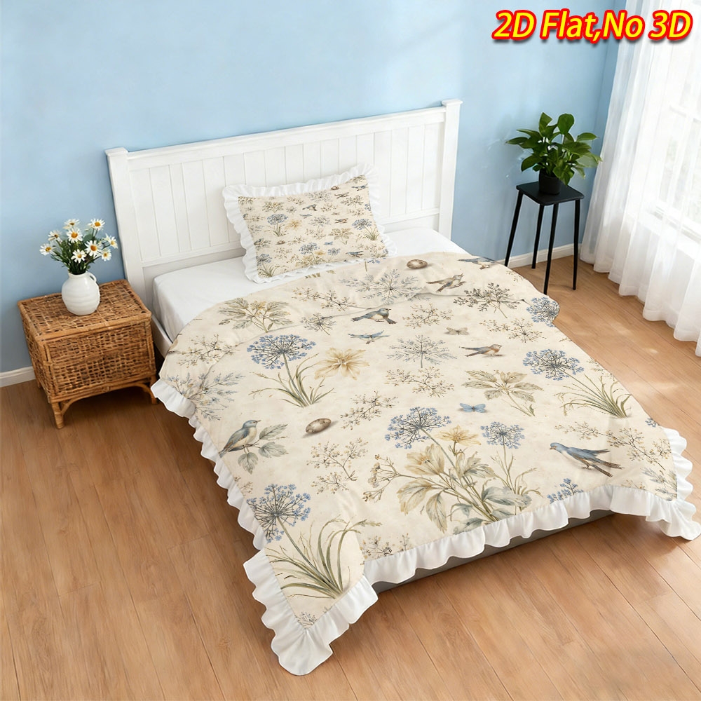 TEMU 2/3pcs 2d Flat Printing New Arrival Floral And Bird Pattern Ruffle Duvet Cover Set, Multiple Sizes , Soft And Skin-friendly, Machine Washable,