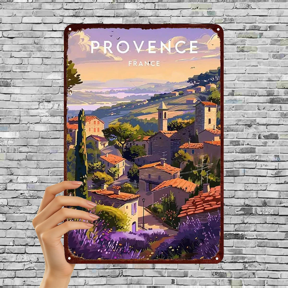 TEMU 2D Plat 1pc, "Provence, France - Plaque Métallique Vintage Art Décrivant un Joli Village et des de " 8×12 Pouces