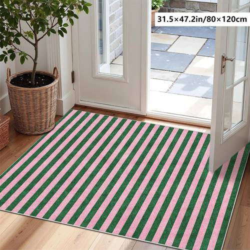item picture 1pc of short room carpet made of soft and comfortable plush material it features a printed area rug with pink and green vertical stripes and a easy stylish geometric pattern non slip durable machine washable