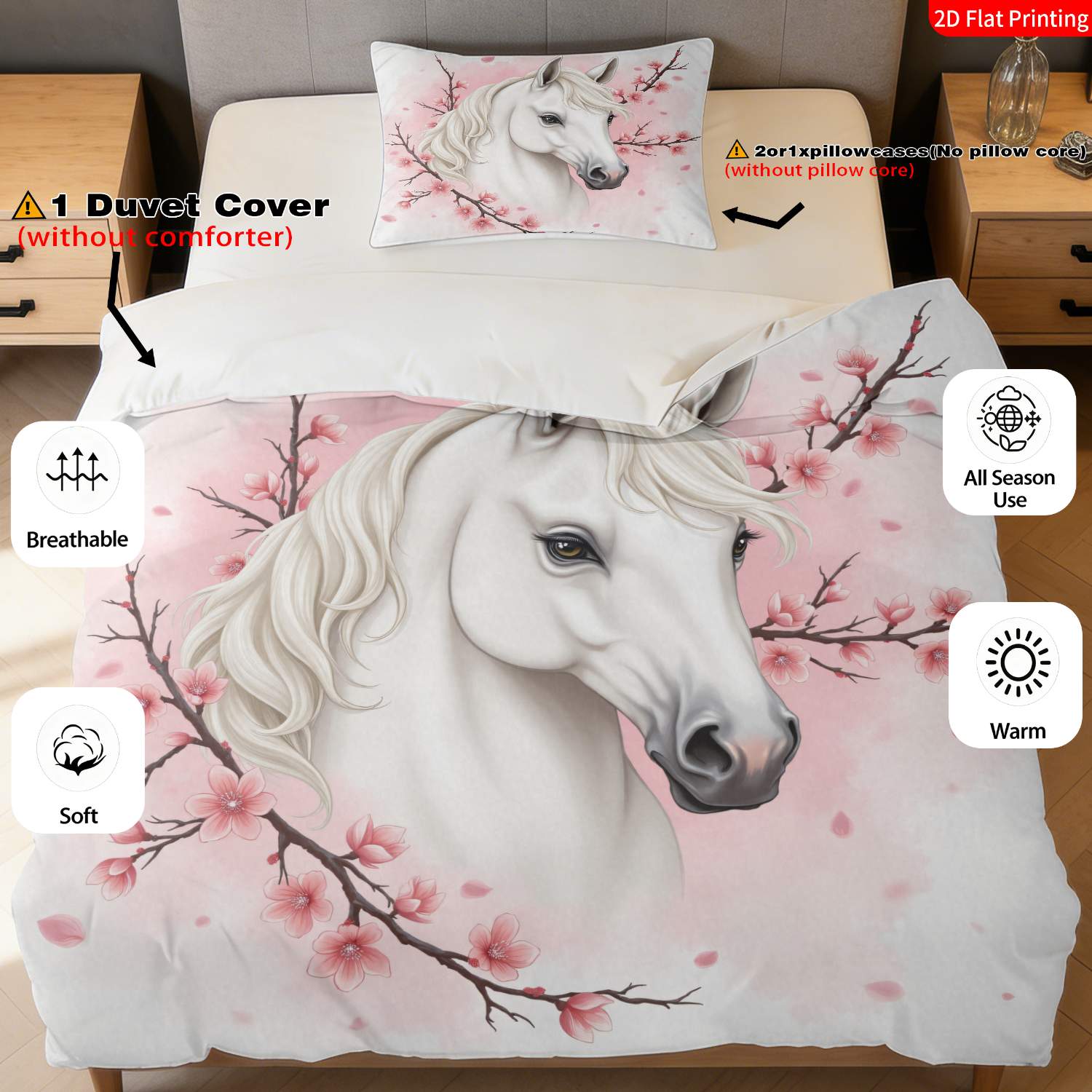 TEMU 2/3pcs 2d Flat Printing Elegant Animal Themed Quilt Cover Bedding White With Pink Cherry Horse Print Pattern Suitable For Bedroom Decoration (1