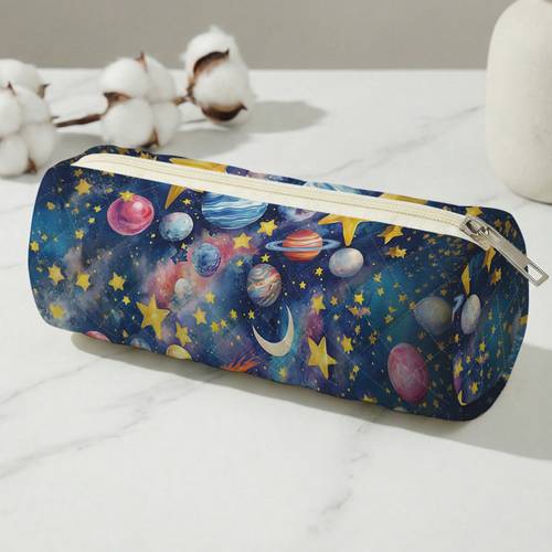 item picture 1pc starry sky planet pattern 2d printed pencil case large capacity stationery pouch lightweight quilted fabric portable size versatile for daily school exams drawing your