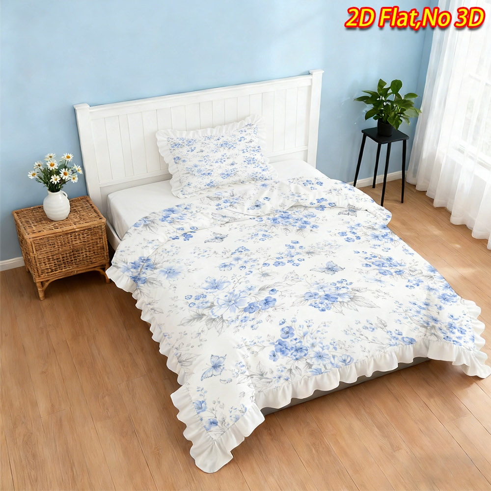 TEMU 2/3pcs 2d Flat Printing [ New Arrival] Blue Flower Theme Ruffle Bedding, Multiple Sizes , Soft And Skin-friendly Machine Washable, Bedroom