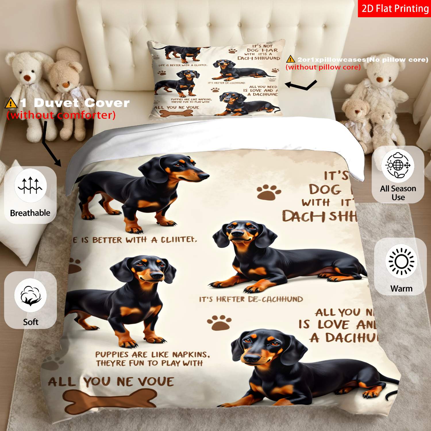 TEMU 2pcs/3pcs Dachshund Bedspread Suitable For - Vintage Dog-themed Quilt Cover With Dachshund Print, & Phrases, Zipper Closure, Machine Washable