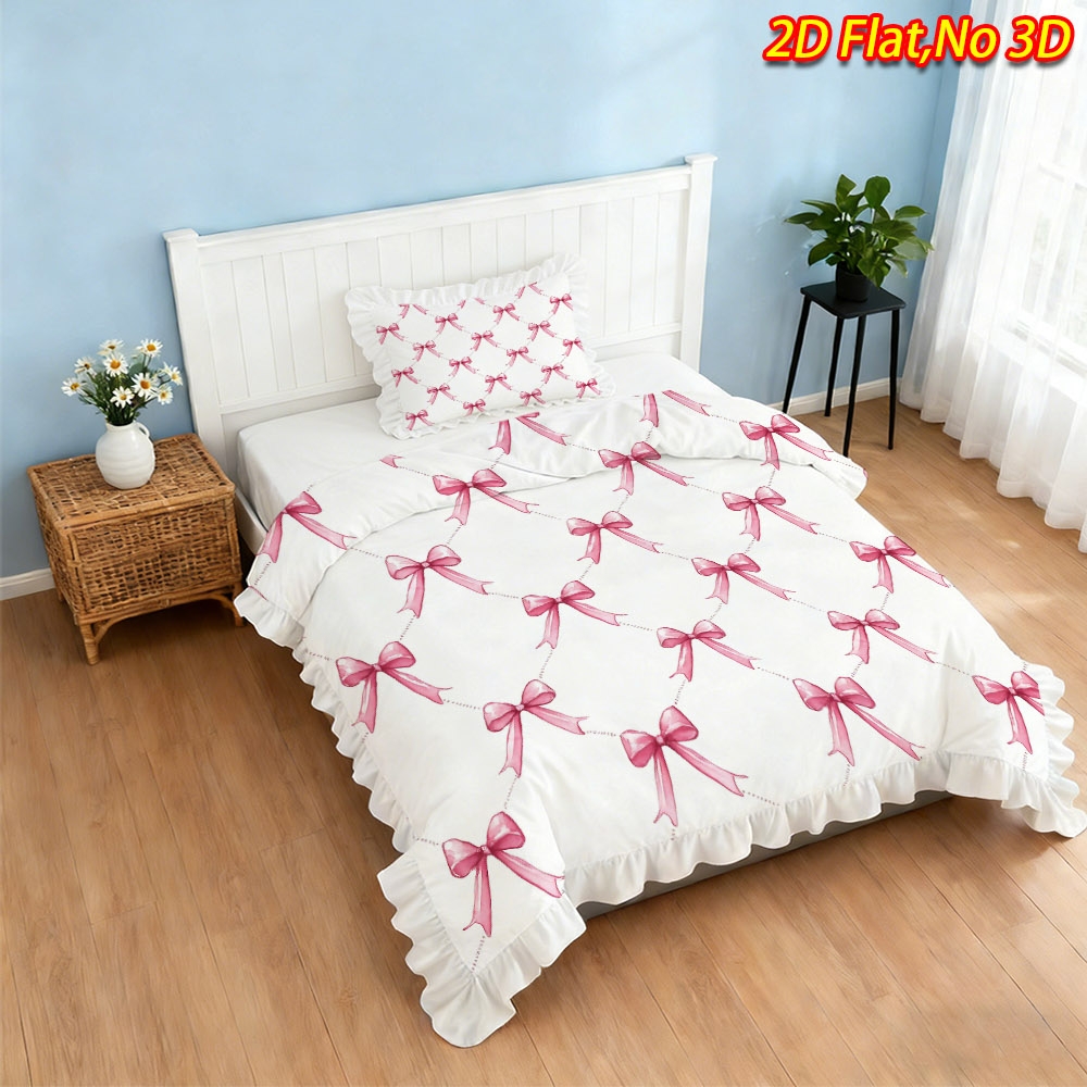 TEMU 2/3pcs 2d Flat Printing New Arrival Pink Bow Pattern Ruffle Duvet Cover Set, Multiple Sizes , Soft And Skin-friendly, Machine Washable, For
