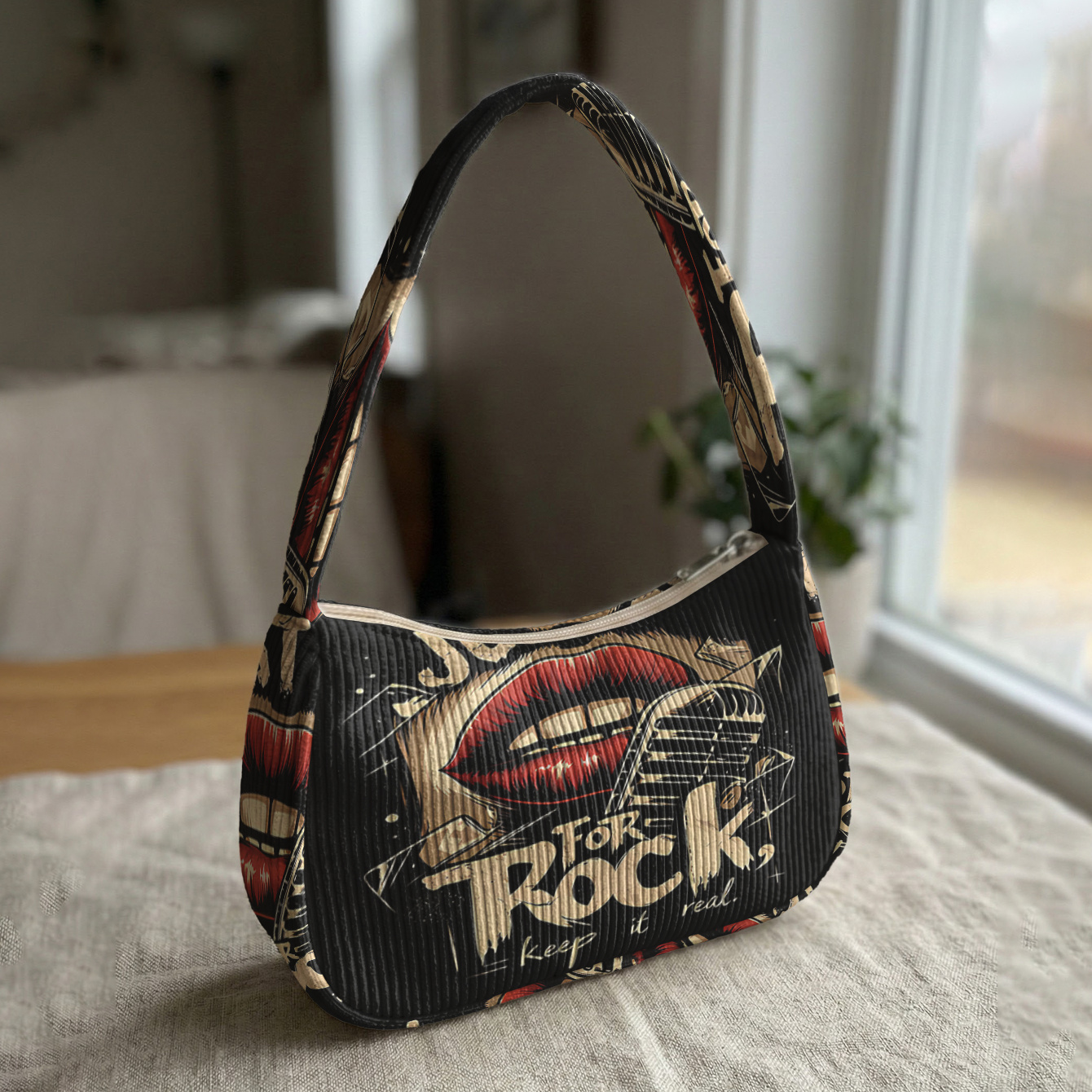 TEMU Borsa a tracolla unica con stampa 2D "Justrock" a forma di microfono rosse, velluto a + dimensioni portatili | uso spalla/ | Festival