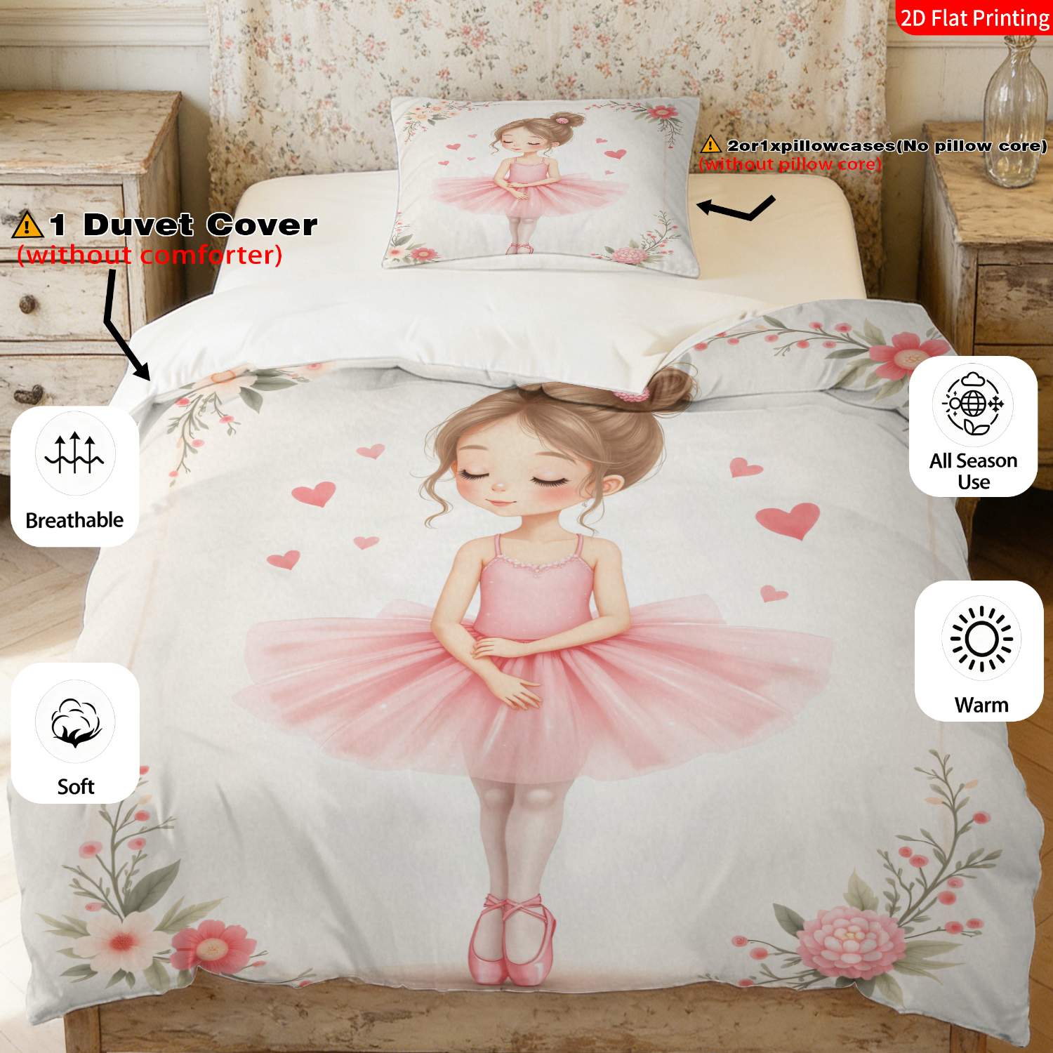 TEMU 2/3pcs 2d Flat Printing Style Ballet Theme Quilt Cover Bedding With Floral Heart Pattern And Text Suitable For Bedroom Decoration(1 Duvet 1/2