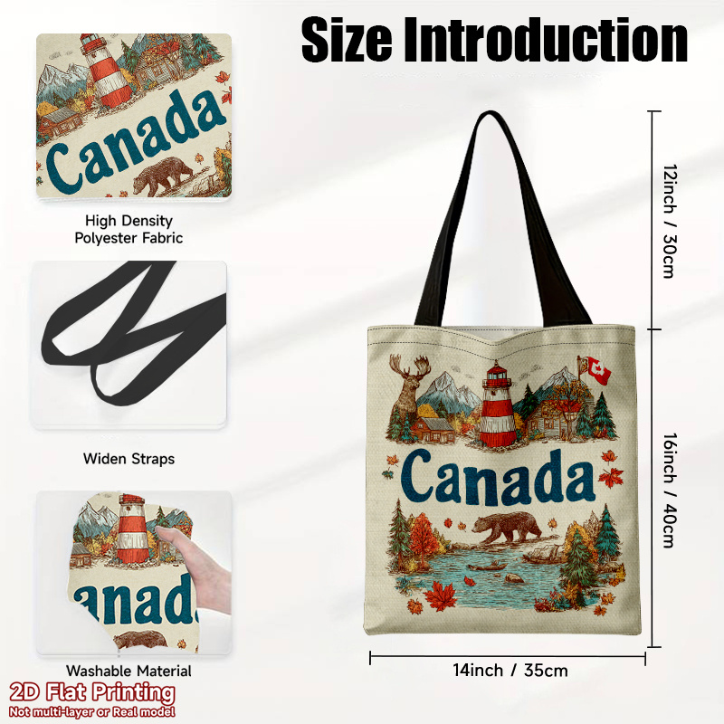 TEMU 1pc Elegant Handbag, Large Capacity Shoulder Bag, Reusable, Multi-functional, Canada Nature Landscape Illustration Pattern, Durable Polyester