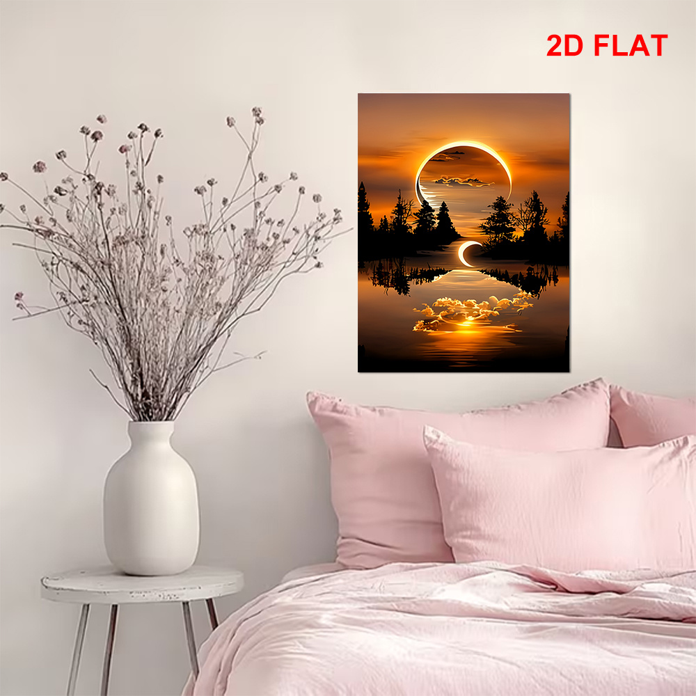 Image of 2d Flat, 1pc 2d Flat For Home Kitchen| Wall Art| Wooden Framed Canvas Featuring A Over A Lake With Trees And . Ideal For Decorating Your For Home Walls Living Room Bedroom, 2d Flat