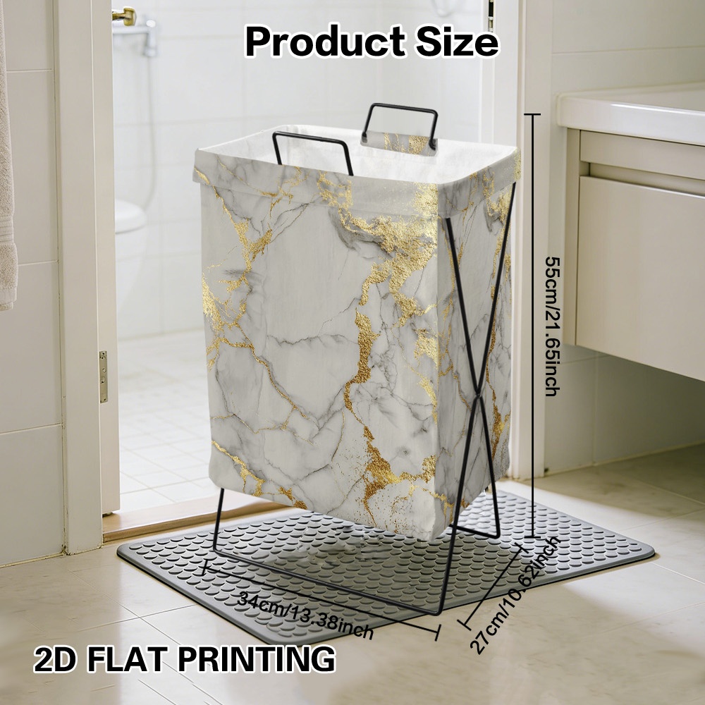 TEMU 1pc Portable Bracket Laundry Basket With Golden Veins On Marble Theme Print, Durable , Foldable Large Capacity Rectangular Clothes Hamper,