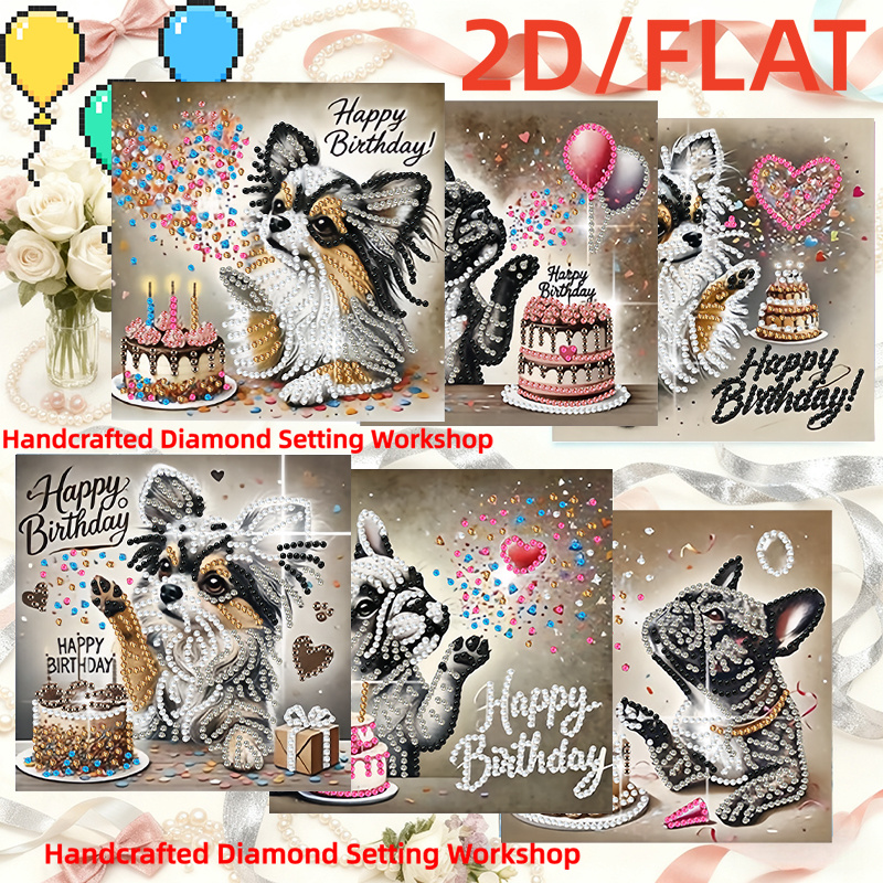 TEMU 6pcs Diy Diamond Painting Greeting Card Set - Birthday Dog Pattern - Art - Birthday - Holiday - Greeting Card For Adults - Handmade Craft Party
