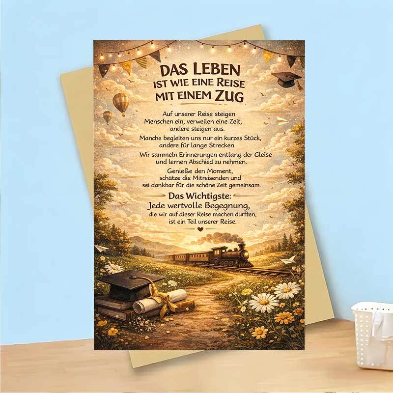 E-shop Grußkarte „Das ist eine Reise“ mit Zugmotiv, inspirierende Botschaft, Vintage-Malerei mit malerischem Motiv, ideal als Abschluss-, Abschieds-,