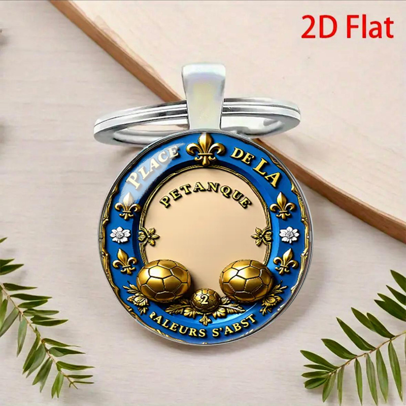 TEMU 1 porte-clés 2D en de , design rond, avec un ensemble de couleurs bleu et or, motif et ballon de foot doré. Est également gravé avec "PLA DE LA