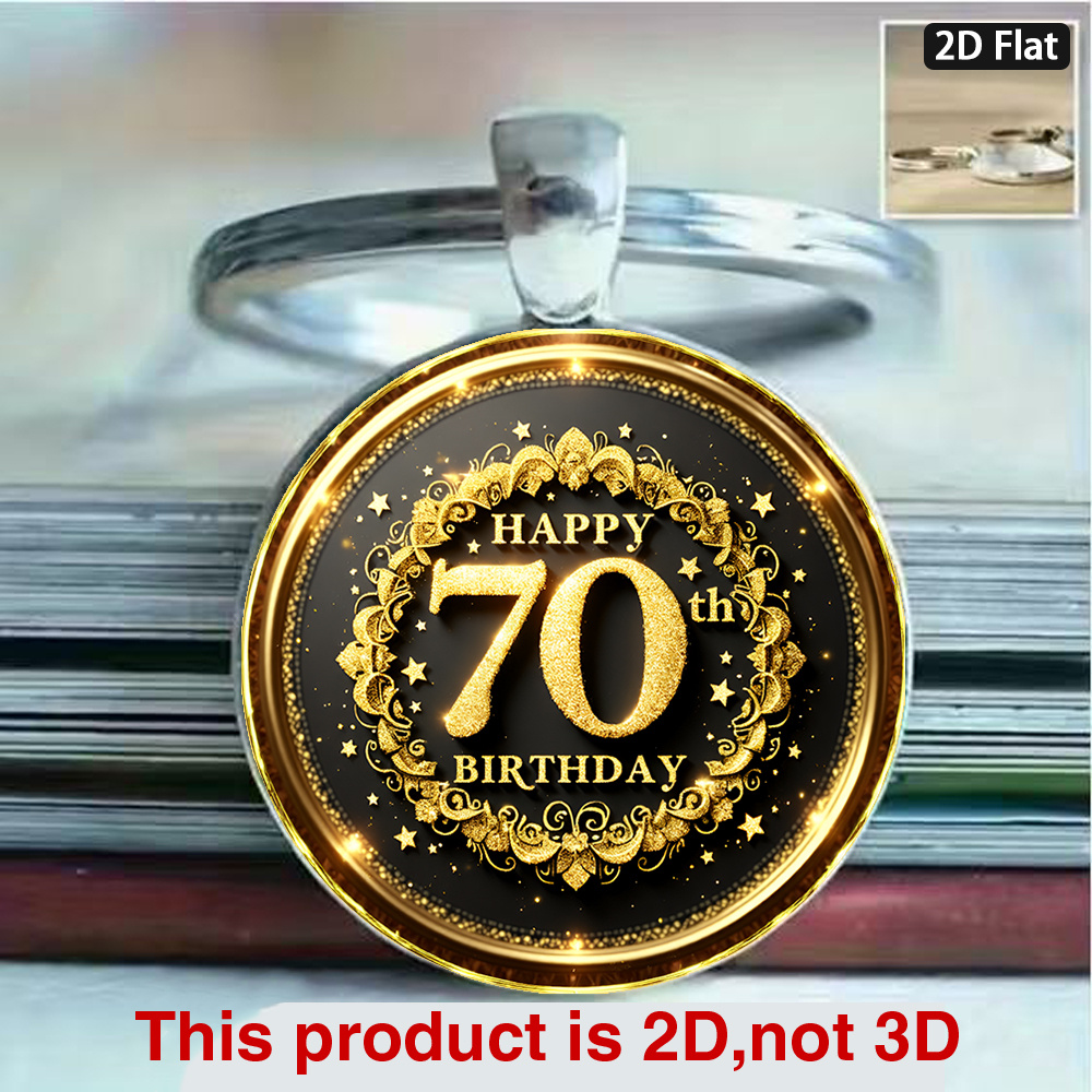 TEMU 1pc Porte-clés plat 2D, Année du Cheval, Luxueux "Happy 70Th Birthday" à thème doré, avec décorations étoilées scintillantes, Chiffre 70 cursif