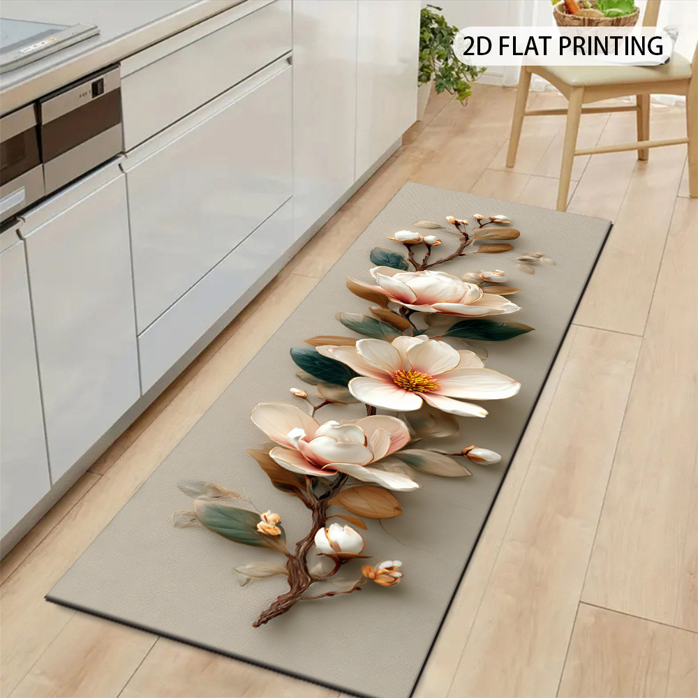 TEMU 1pc Modern Minimalist Elegant Magnolia Branch Long Runner Rug | 2d Printed + Non-slip Backing, , Machine Washable And Easy To Care For, Suitable