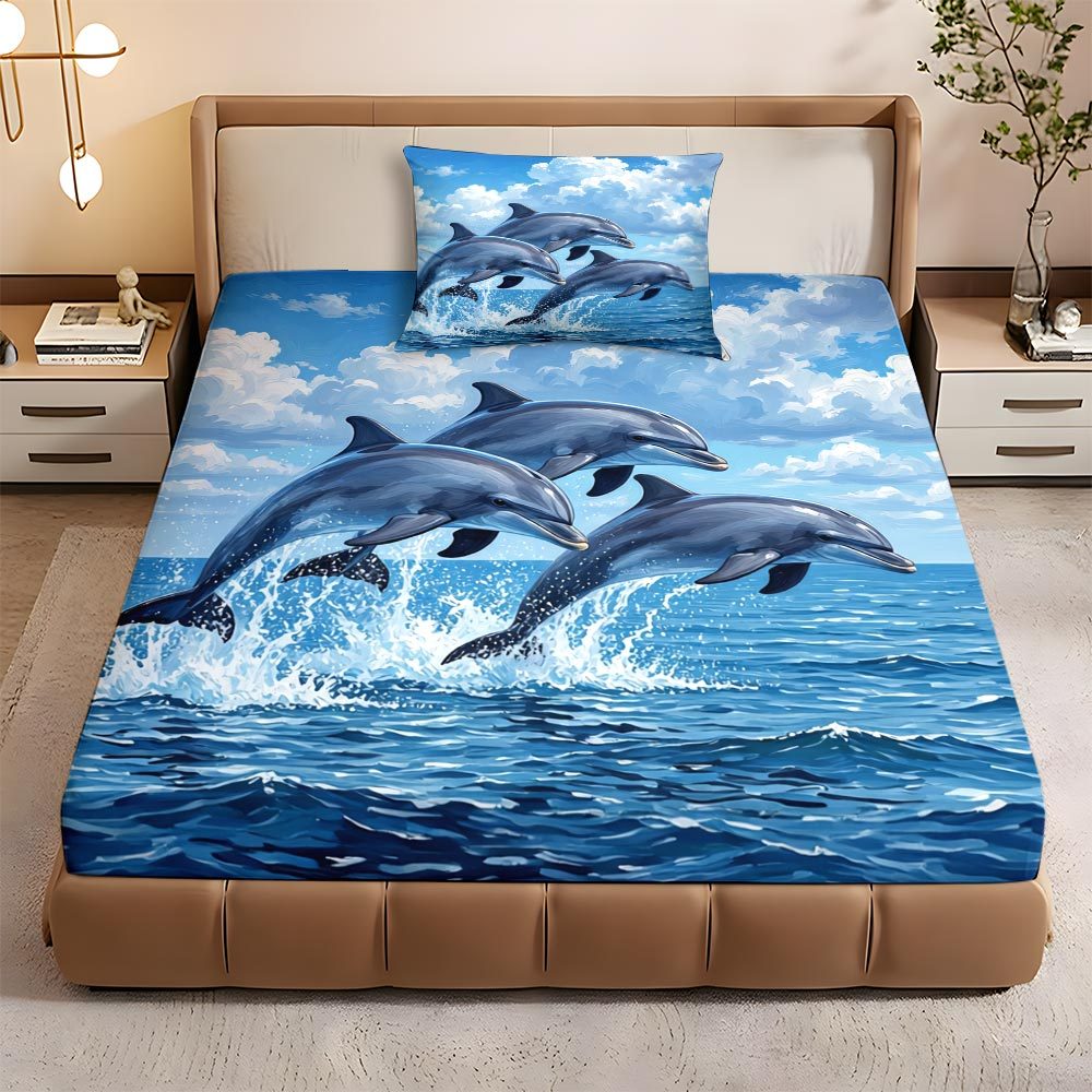 TEMU 2d Flat 2/3pcs Dolphin Themed Fitted Sheet Set Queen King Full Sizes Bedding Dolphin Pattern 1 Fitted Sheet   1/2 Pillowcases Easy Machine