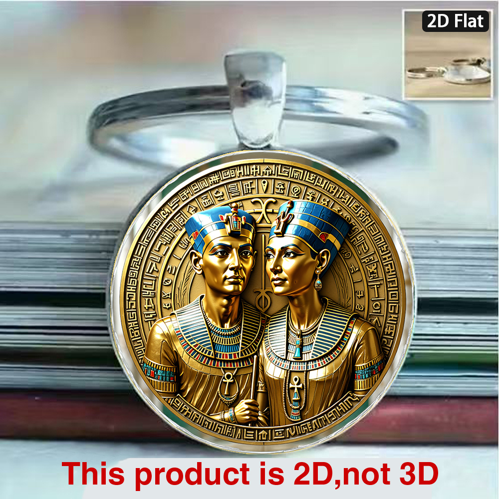 TEMU 1pc 2d Flat, Year Of The Horse, Luxurious Gold-plated Bronze Keychain With Ancient Theme, Exquisite Double Portrait Of And Queen Nefertiti,