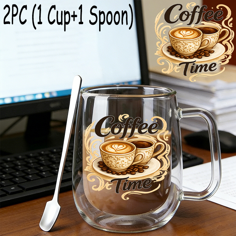 TEMU 2pcs(1pc Glass Cup 1pc Spoon),insulated Double-walled Borosilicate Reusable Water Cup With Handle,large Capacity Clear Coffee Mug For Beverages