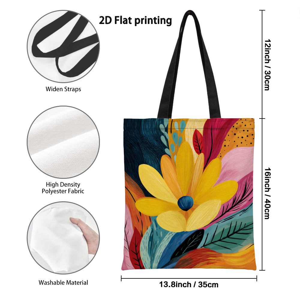 TEMU 1pc 2d Flat Canvas Tote Bag, Reusable Grocery Bags, Sturdy Colorful Floral Artwork Canvas Shoulder Bag, Perfect For Shopping And Everyday Use.