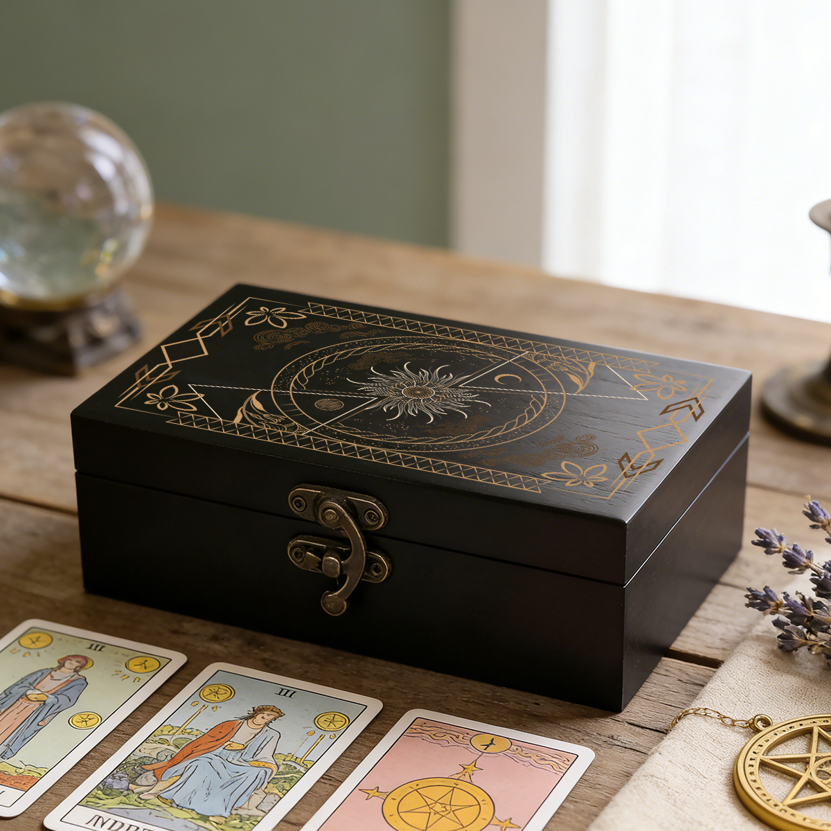 TEMU 1pc Decorative Wooden Box With , Amethyst, And Motif Portable Organizer For Astrological Jewelry, Wooden Souvenir And Collectible Card Storage