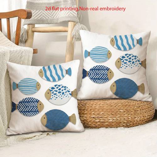 jit 2pcs coastal throw pillow covers 2d flat print non real embroidery fish cushion covers 18x18in decorative pillowcases for bedroom living room office courtyard car no pillow inserts 2d flat