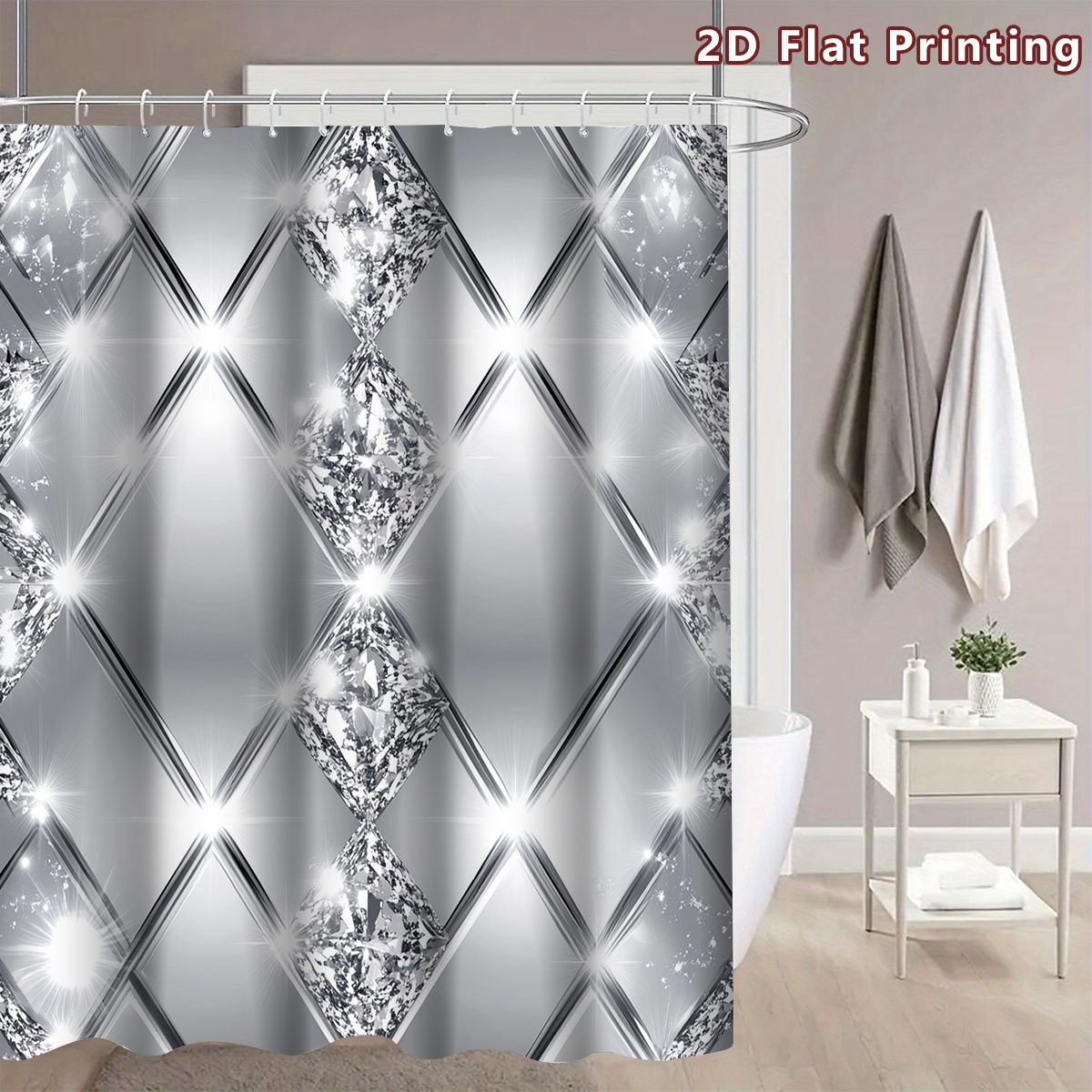 TEMU 2d Flat, 1pc 2d Flat Diamond Geometric Shower Curtain, Bathroom Decor, Options (80x180cm, 120x180cm, 150x180cm, 180x180cm, 180x200cm, 240x200cm)