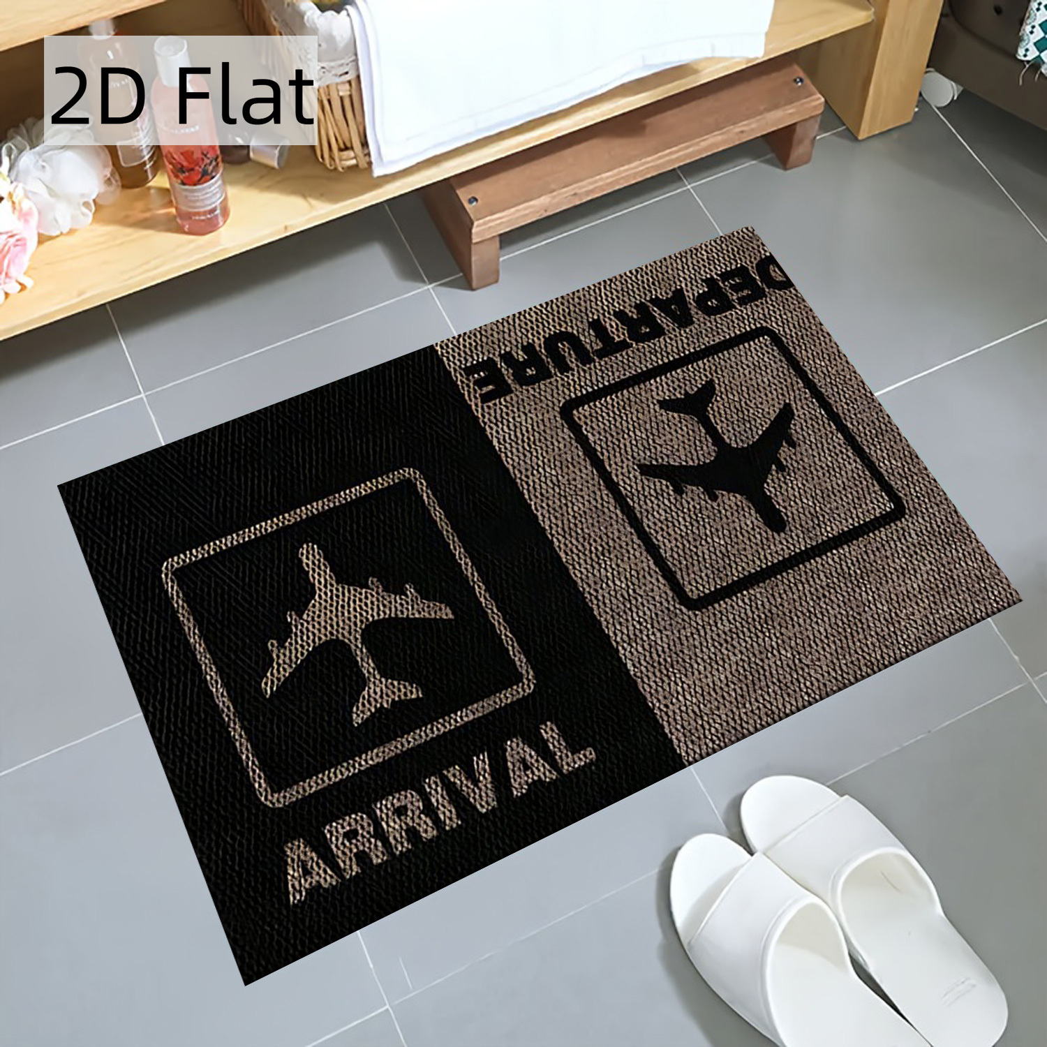 item picture 2d flat 2d flat a soft absorbent bathroom mat featuring a 2  with airplane icons and the phrases   and     machine washable rectangular made of thickened plush polyester fiber suitable for kitchens living rooms