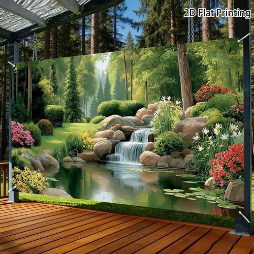 1 2d flat garden waterfall pond flowers banner for easy to set up made of polyester fiber ideal for lawn and garden decoration wind protection and fence with a fixing rope
