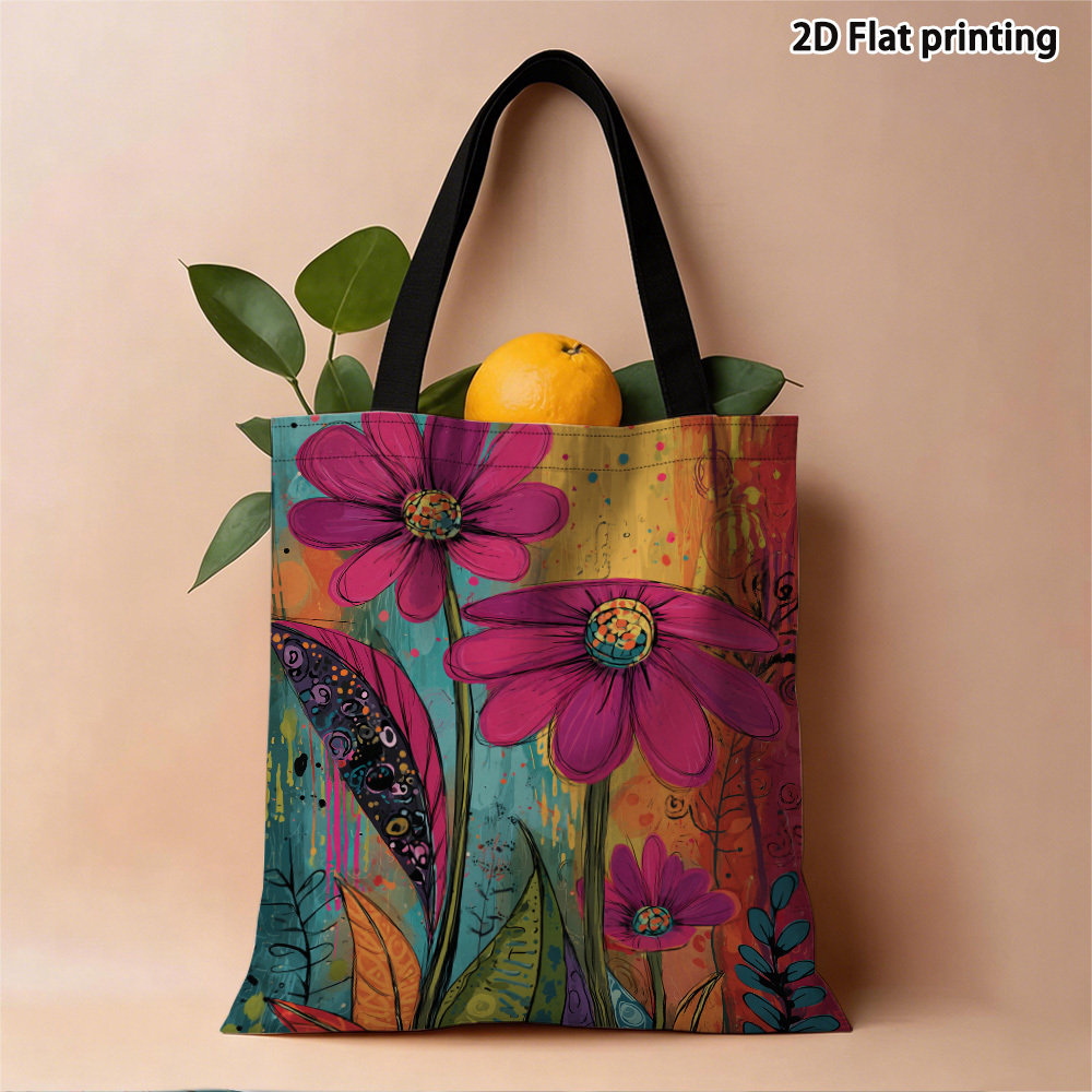 TEMU 1pc Double-sided Printing 2d Flat Flower Art Tote Bag, Reusable Shopping Bag, Suitable For Travel, Camping And Daily Use. Made Of Durable