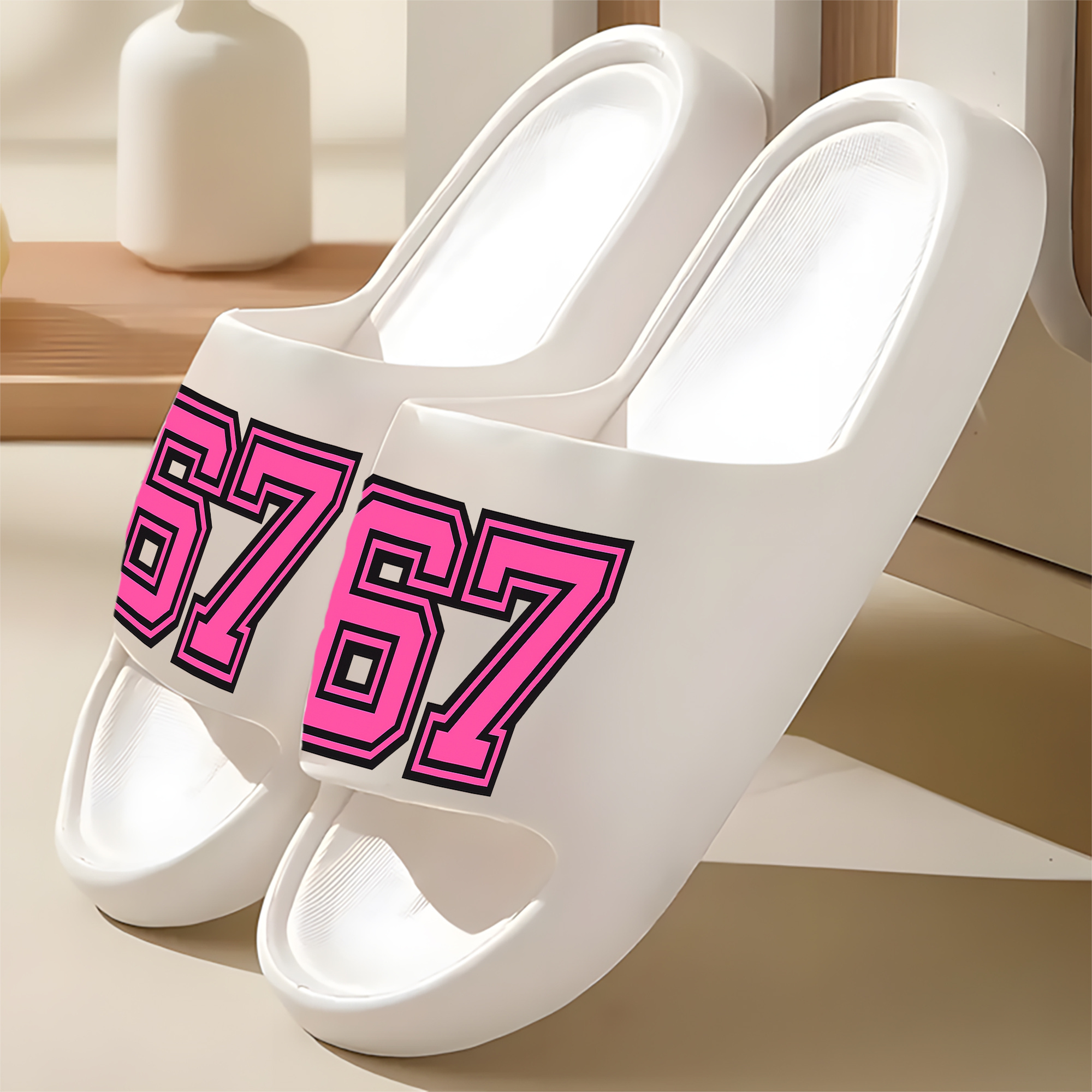TEMU Pair Of Pink Slippers With "67" Number Print, Unisex Non-slip Eva Slippers - Lightweight, Quick-drying, Comfortable, Durable, Beach Sandals,