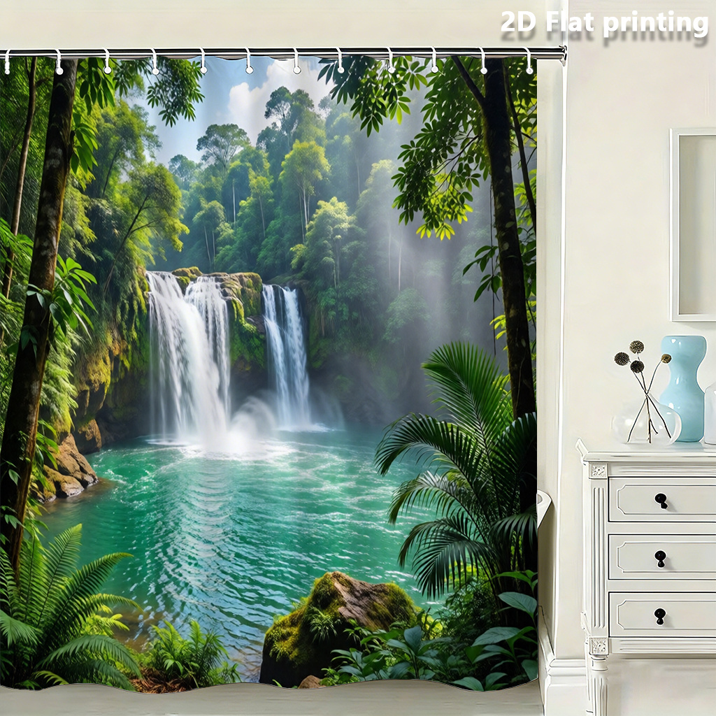 TEMU 2d Flat, 1pc Shower Curtain, 2d Flat Printed Waterfall Scenery Pattern Shower Curtain With Hooks,, For Windows And Walls, Bathtub, Bathroom Home