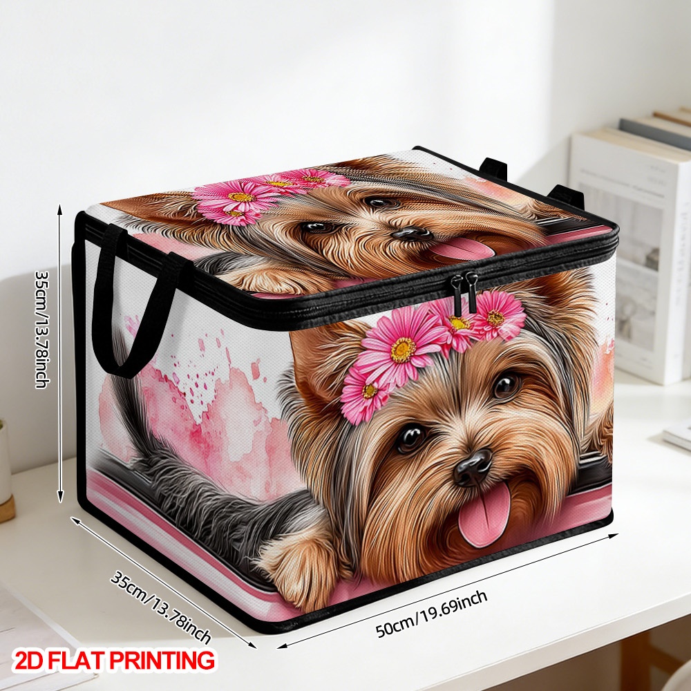 TEMU Panier de rangement 1 pièce Yorkie avec couronne de fleurs - Panier pliable en tissu Oxford pour vêtements, coffre de voiture, panier d'étagère