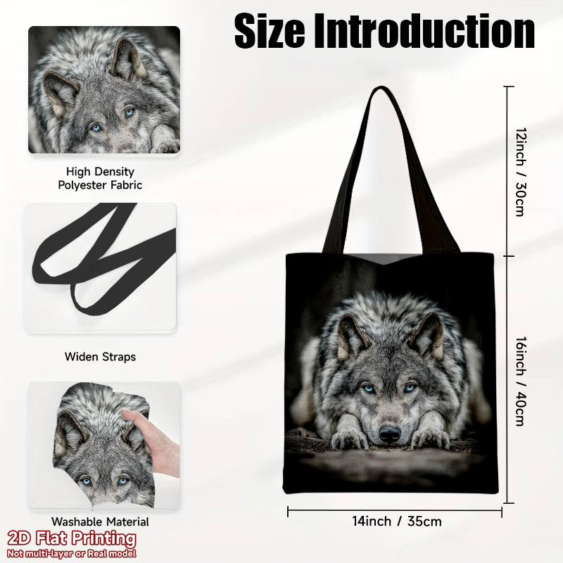 TEMU 1pc Large-capacity Foldable Wolf Print Handbag Suitable For Travel, Work & Shopping - Reusable Gray Wolf Shoulder Bag, Durable Polyester Tote