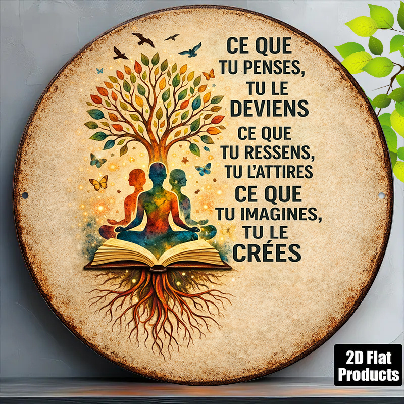 TEMU Plaque murale plate 2D, 1 pièce, "Les pensées deviennent " Loi de l' - Plaque ronde vintage pour décoration de studio de yoga, salle de , bureau
