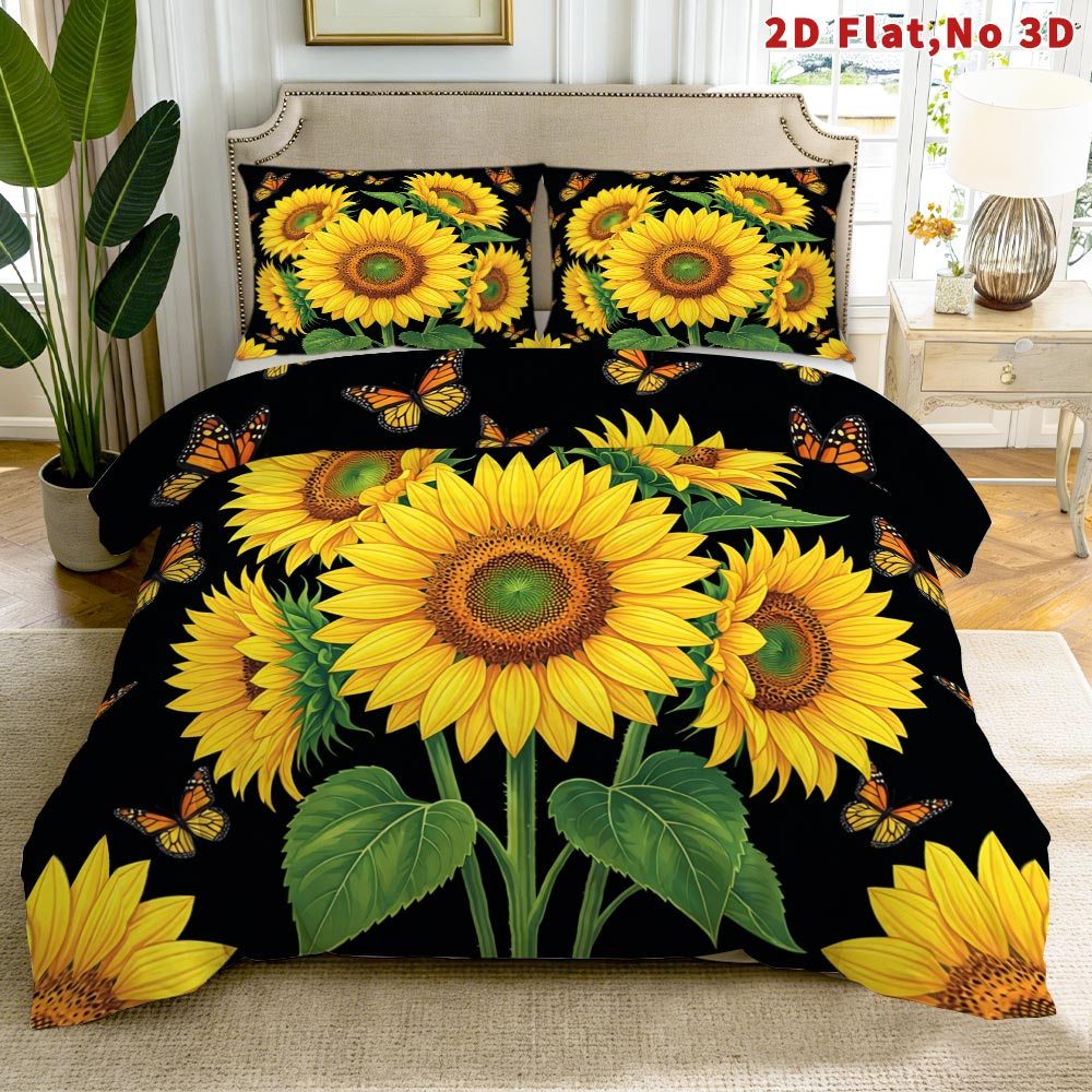 TEMU 2d Flat 2/3pcs Sunflower And Duvet Cover Set Queen King Full Sizes Bedding 1 Duvet Cover   1/2 Pillowcases Sunflower Pattern Machine Washable