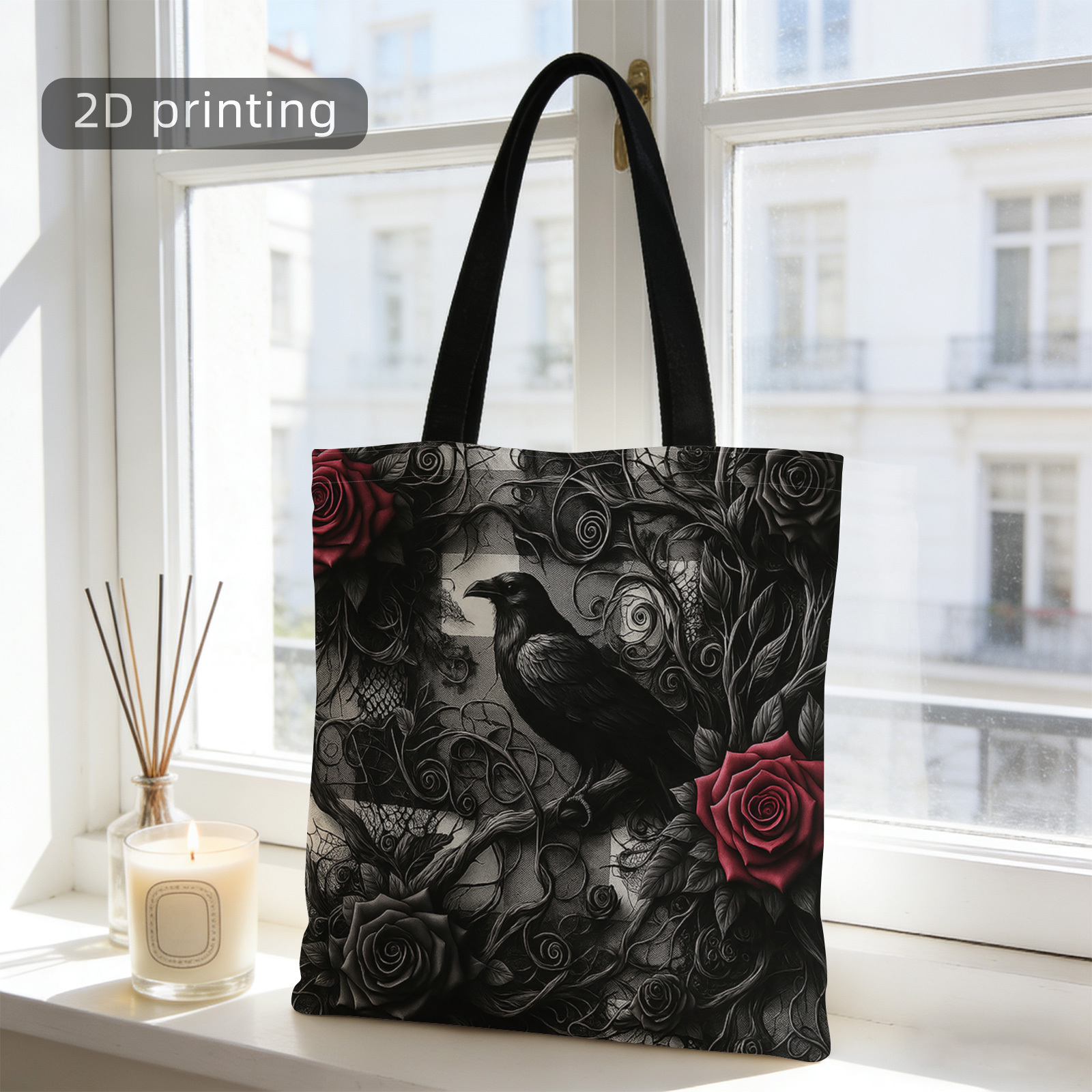 TEMU 1pc 2d Printed Tote Bag, Crow And Rose Pattern, Black And Scheme, Exquisite Scrollwork Design, Reusable Fashionable Shoulder Bag, Suitable For