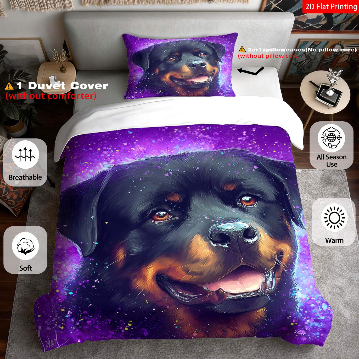 TEMU 2/3pcs Of Stylish 2d Flat-printed Bedding Featuring A Pet Theme, In Purple With Colorful And A Rottweiler , Ideal For Different Events (includes