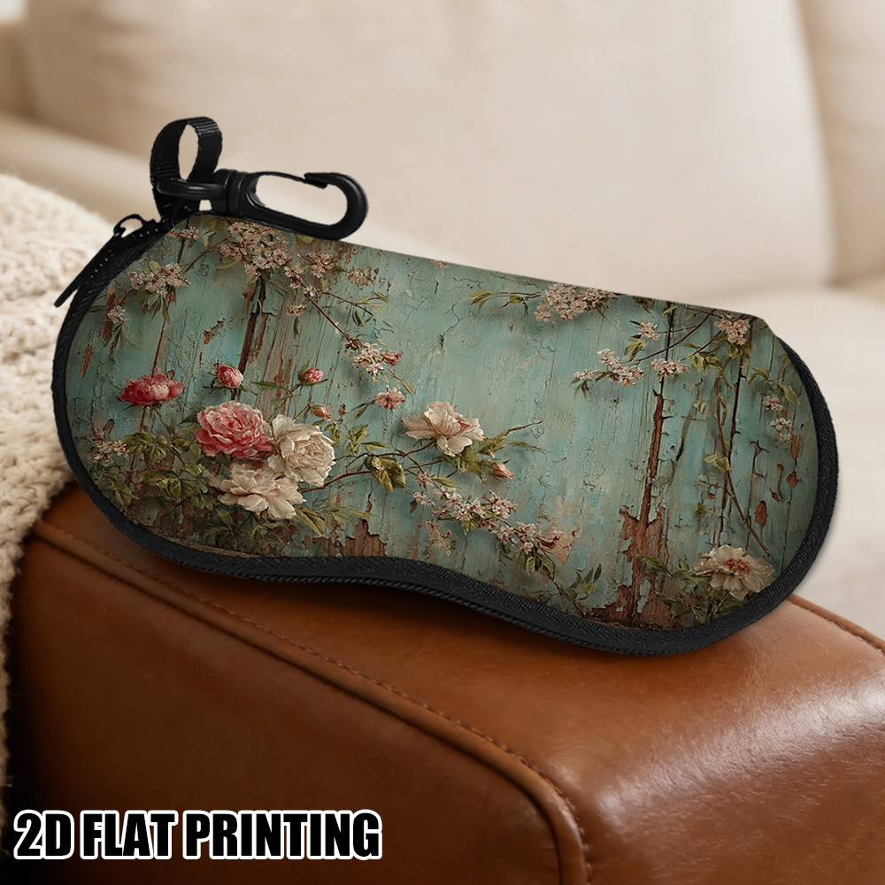 TEMU 1pc Double-sided Printing Retro Vintage Floral Country Design Glasses Case, 100% Polyester Material, With Zipper, , Perfect For Storing Glasses,