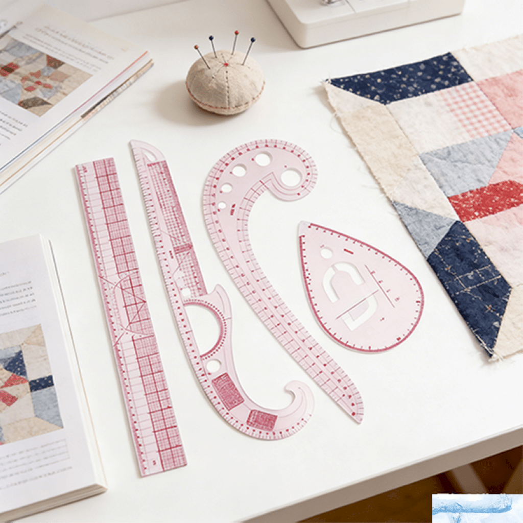 E-shop Vier Näh- Schnittmuster-Lineale liegen auf dem Tisch, zusammen mit passenden Patchwork-Stoffen Nähbüchern
