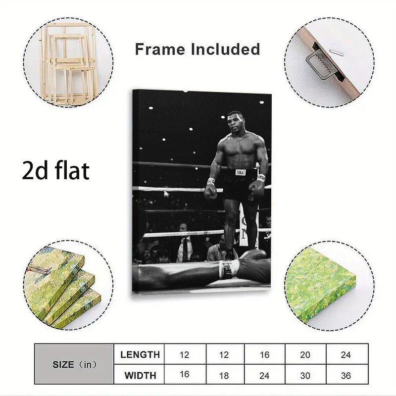 TEMU 2d Flat, 1pc Framed 2d Printed Canvas Art Of A Boxing , Sports-themed Wall Art Decor, Boxer Aesthetic Painting, Ideal Gift For Office, Cafe,
